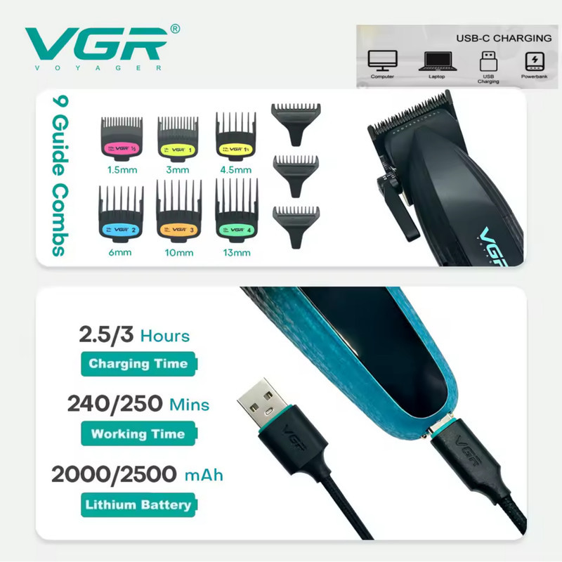 ماشین اصلاح موی سر و صورت شارژی وی جی ار مدل V-889 s2 مجموعه 2 عددی