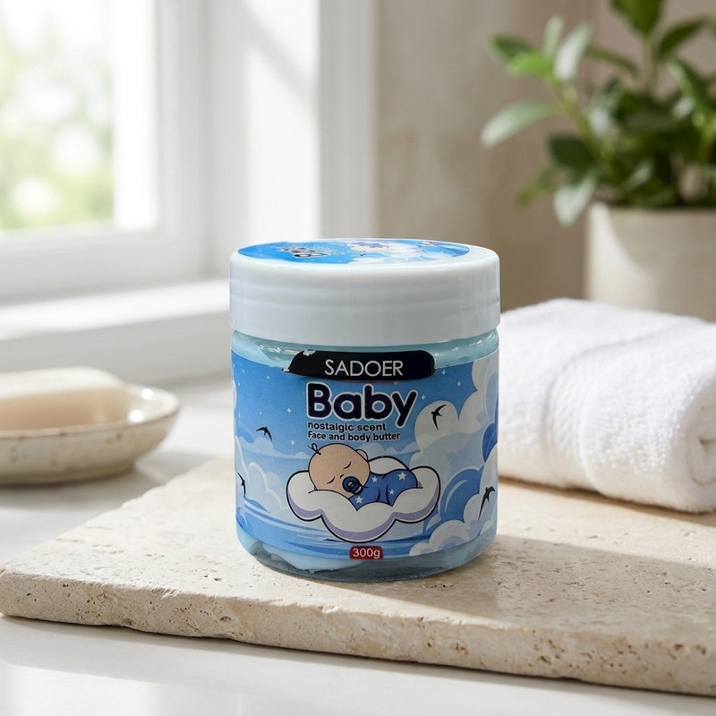 کره بدن سادور مدل Baby 300 گرم کرمی کاسه‌ای مناسب انواع پوست بانوان و آقایان، مرطوب‌کننده، ضد خشکی، ضد اگزما، ضد ترک، جمع‌کننده منافذ و ضد آفتاب‌سوختگی