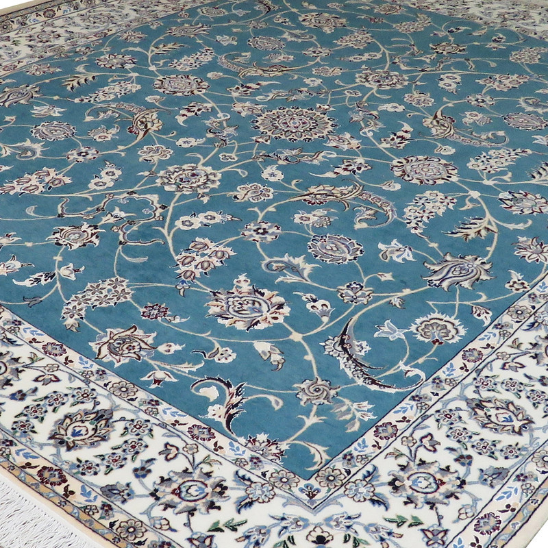 فرش دستبافت ۵.۵ متری مدل افشان نایین ۶لا کد 1030 زمینه سبزآبی