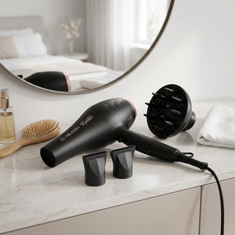 سشوار حرفه‌ای 2400 وات نیلادس مدل Keratin Studio، موتور AC، وزن 550 گرم، المنت سرامیک تورمالین، دارای سری دیسپانسر، متمرکز‌کننده باریک، متمرکز‌کننده پهن با ویژگی فرکنندگی، صاف‌کنندگی، حجم‌دهندگی، با قابلیت باد سرد، فناوری تولید یون، دسته ارگونومیک