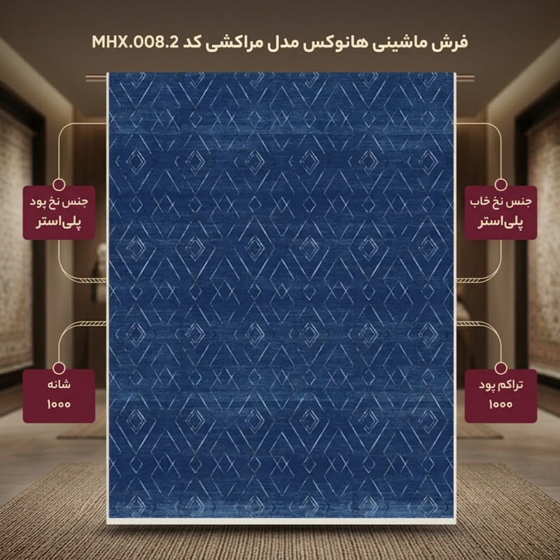 فرش ماشینی 1000 شانه زمینه آبی حاشیه طوسی هانوکس مدل مراکشی کد MHX.008.2