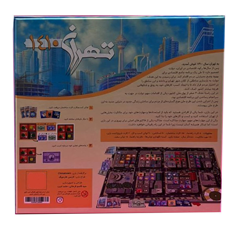 بازی فکری برد باز مدل تهران 1410 با قابلیت 3 تا 5 نفره، تمرکز بر مهارت مذاکره و مالکیت کسب‌وکار، مدت زمان 60 دقیقه، مناسب بالای 14 سال، شامل 85 کارت ساختمان، 80 کارت پول و 150 مهره مالکیت