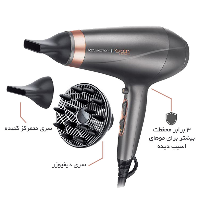 سشوار حرفه‌ای 2200 وات رمینگتون مدل AC8820، موتور AC، وزن 840 گرم، المنت سرامیک، دارای سری دیسپانسر، متمرکز‌کننده باریک، متمرکز‌کننده پهن با ویژگی صاف‌کنندگی، حجم‌دهندگی، با قابلیت فناوری تولید یون
