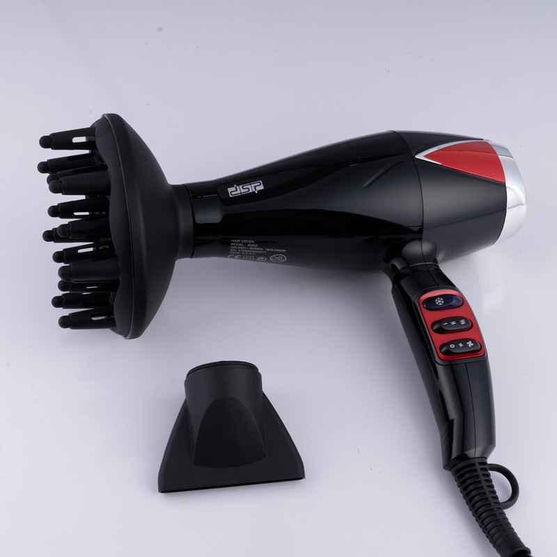 سشوار حرفه‌ای 2300 وات دی اس پی مدل 30022، موتور AC، وزن 300 گرم، دارای سری دیسپانسر، متمرکز‌کننده باریک با ویژگی صاف‌کنندگی، حجم‌دهندگی، با قابلیت باد سرد
