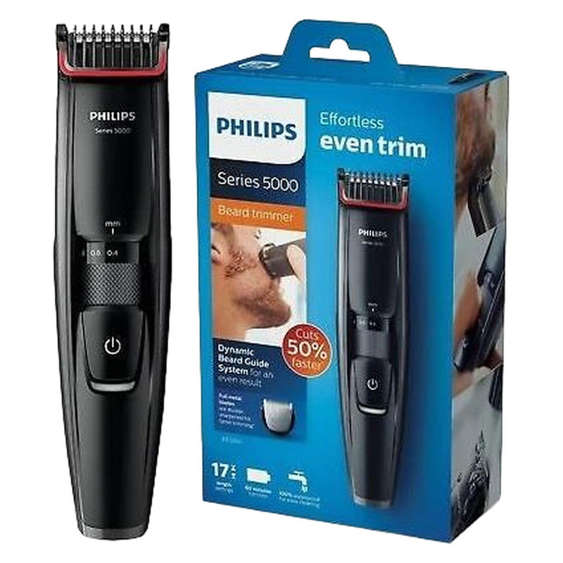 ماشین اصلاح موی صورت فیلیپس مدل BT520016 با تیغه‌های استیل ضدزنگ خود تیزشونده، طول اصلاح 0.4 تا 10 میلی‌متر، قابلیت استفاده با باتری و برق، شارژ USB یک ساعته و ضدآب با طراحی ارگونومیک و شانه قابل تنظیم دستی