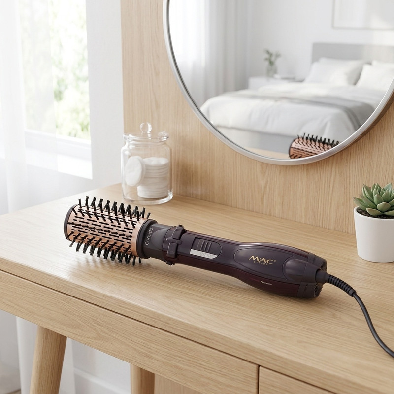سشوار برس‌دار چرخشی 1200 وات مک استایلر مدل MC-6651، موتور AC، وزن 400 گرم، المنت سرامیک، دارای سری دیسپانسر با ویژگی فرکنندگی، با قابلیت باد سرد، فناوری تولید یون