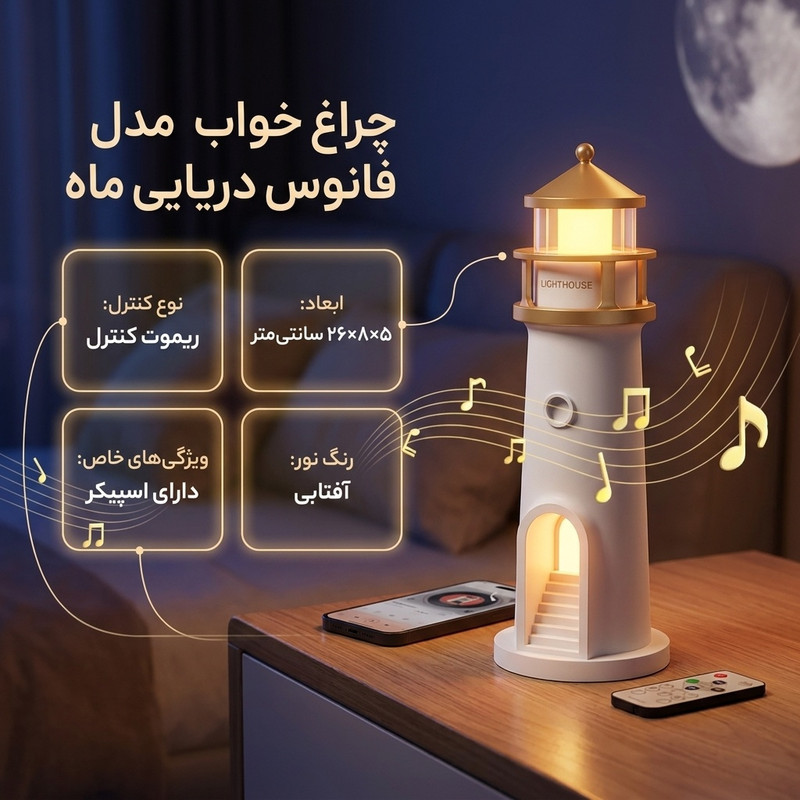 چراغ خواب مدل فانوس دریایی ماه اسپیکر دار