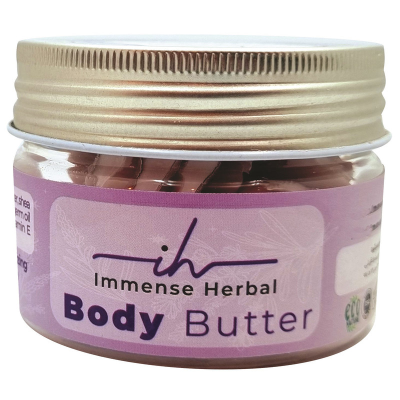 کره بدن طبیعی ایمنس هربال مدل VIP_LAVENDER حجم 155 میلی‌لیتر با عصاره لوندر، مرطوب‌کننده قوی، روشن‌کننده پوست، ضد خشکی و اگزما، حاوی کره کاکائو، شی باتر، روغن جوجوبا و موم زنبور عسل، مناسب انواع پوست