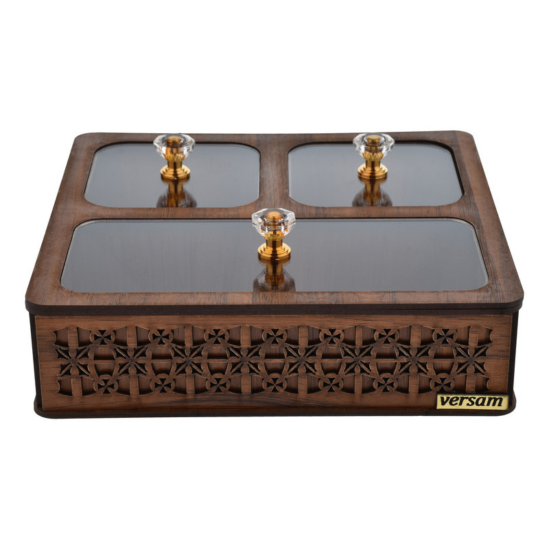 جعبه پذیرایی مدل یاس کد P301 شکلات‌خوری مربع MDF، پلاستیک و پلکسی گلس با ابعاد 20x19x5.5 سانتی‌متر و وزن 330 گرم، غیرقابل شستشو