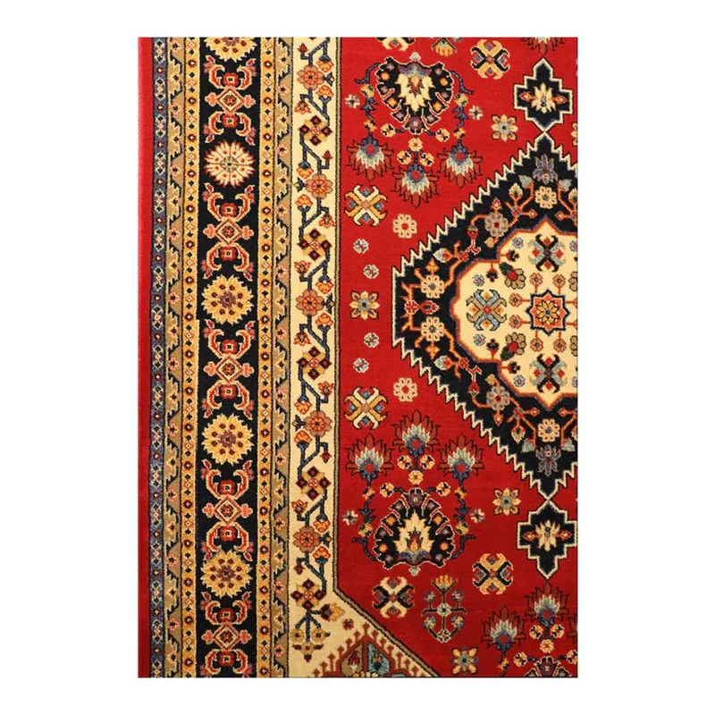 فرش ماشینی 320 شانه زمینه لاکی حاشیه کرم مدل ستاره کویر یزد کلکسیون شاهسون کد SH-B005-5059