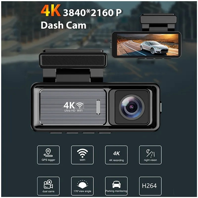 دوربین ثبت وقایع خودرو اتوویژن مدل 4kUHD به همراه دوربین عقب و رم 64 گیگ بایت و کیت برق مستقیم