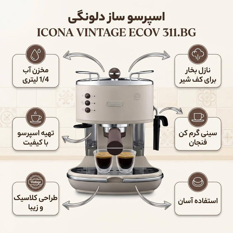 اسپرسوساز 1400 میلی‌لیتری دلونگی مدل ICONA VINTAGE ECOV 311.BG، مناسب تهیه اسپرسو، کاپوچینو، ماکیاتو و لانگو، دارای 2 عدد نازل قهوه، سیستم گرم کردن فنجان