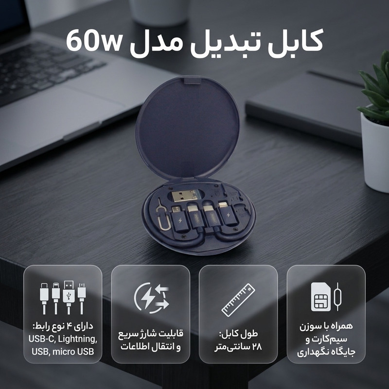 کابل تبدیل USB-C به USB-C  لایتنینگ  USB  micro USB مدل 60w طول 0.28 متر