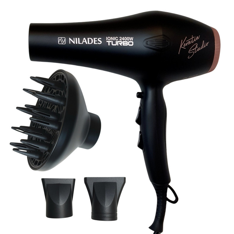 سشوار حرفه‌ای 2400 وات نیلادس مدل Keratin Studio، موتور AC، وزن 550 گرم، المنت سرامیک تورمالین، دارای سری دیسپانسر، متمرکز‌کننده باریک، متمرکز‌کننده پهن با ویژگی فرکنندگی، صاف‌کنندگی، حجم‌دهندگی، با قابلیت باد سرد، فناوری تولید یون، دسته ارگونومیک