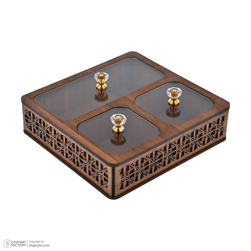 جعبه پذیرایی مدل یاس کد P301 شکلات‌خوری مربع MDF، پلاستیک و پلکسی گلس با ابعاد 20x19x5.5 سانتی‌متر و وزن 330 گرم، غیرقابل شستشو