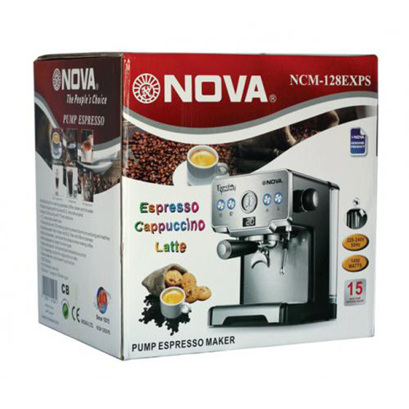 اسپرسوساز 1700 میلی‌لیتری نوا مدل NOVA NCM-128EXPS، مناسب تهیه اسپرسو، کافه لاته، موکا، کاپوچینو و ماکیاتو، دارای 1 عدد نازل قهوه، سیستم گرم کردن فنجان