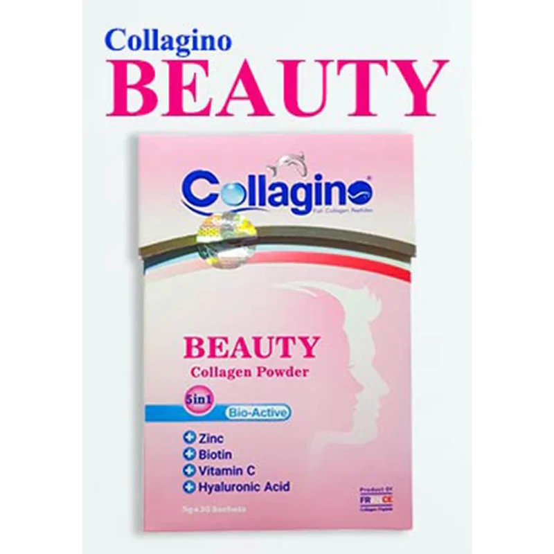 پودر کلاژن تقویت‌کننده پوست، مو و ناخن کلاژینو بیوتی مدل Beauty حاوی کلاژن پپتاید ماهی، ویتامین سی، زینک، بیوتین و هیالورونیک اسید، مکمل 5 در 1 ضدپیری و آنتی‌اکسیدان ساخت فرانسه، بسته 30 عددی