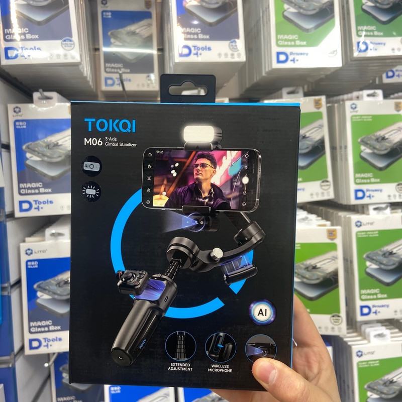 گیمبال و استابیلایزر هوشمند توکی مدل M06 AI 3-Axis به همراه دوربین دنبال کننده و میکروفون و فلش