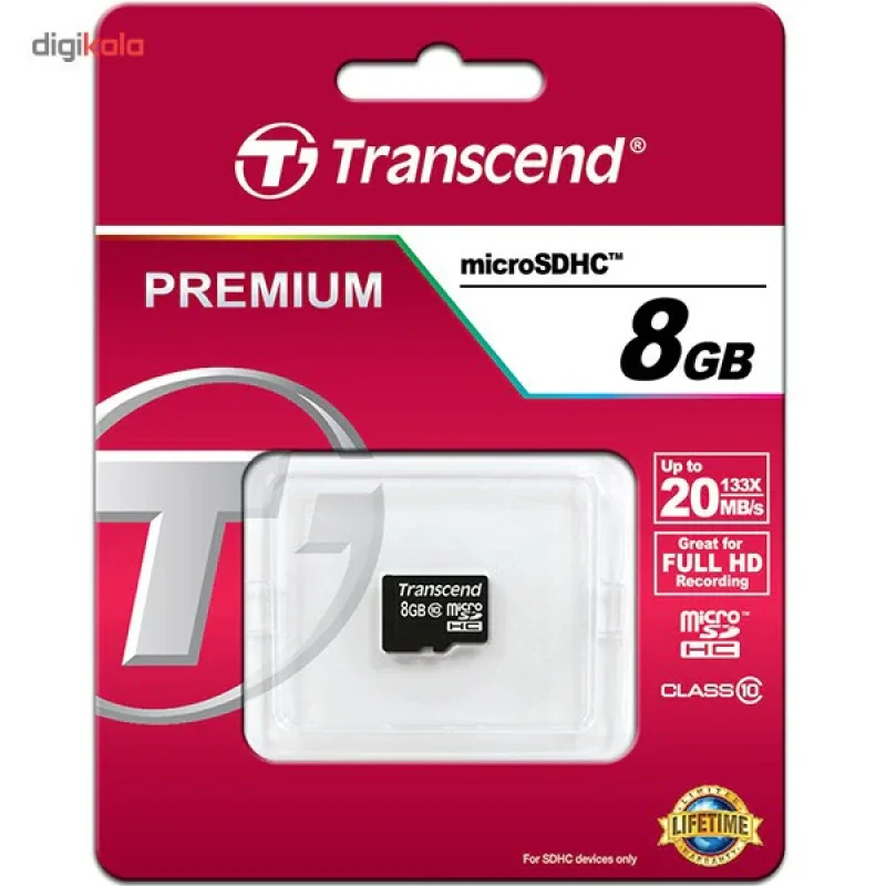 کارت حافظه‌ microSDHC ترنسند مدل Premium کلاس 10 سرعت 20MBps 133X ظرفیت 8 گیگابایت