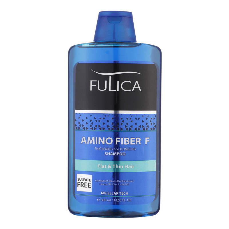 شامپو تقویت‌کننده مو فولیکا مخصوص موهای کم‌حجم و نازک، حجم 400 میلی‌لیتر مدل Amino Fiber، حاوی ویتامین‌های B7 و B6، بدون سولفات، برطرف‌کننده وز مو، آبرسان، محکم‌کننده، حاوی عصاره‌های سبوس برنج، رزماری