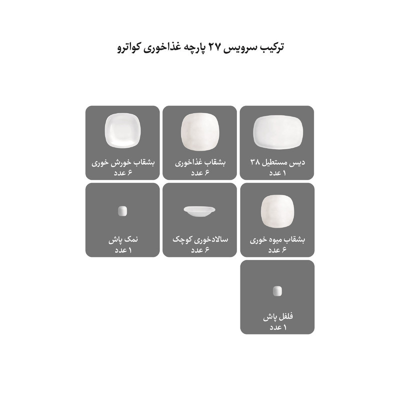 سرویس غذاخوری 27 پارچه چینی زرین ایران سری کواترو مدل وگاس اوریت درجه یک