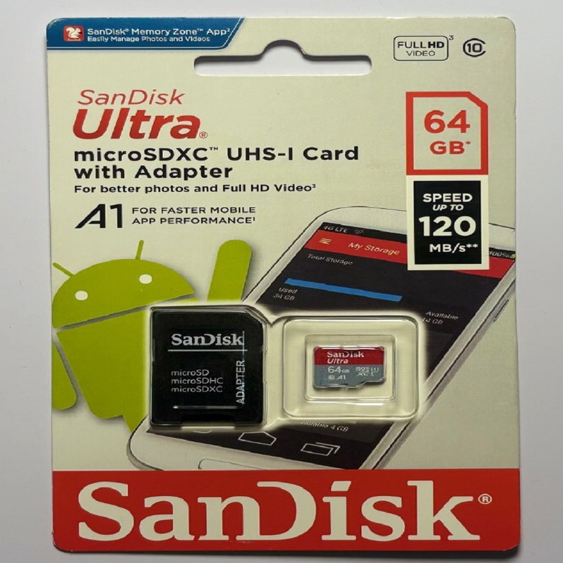 کارت حافظه microSDXC سن دیسک مدل Ultra A1 کلاس 10 استاندارد UHS-I سرعت 120MBps ظرفیت 64 گیگابایت به همراه آداپتور SD