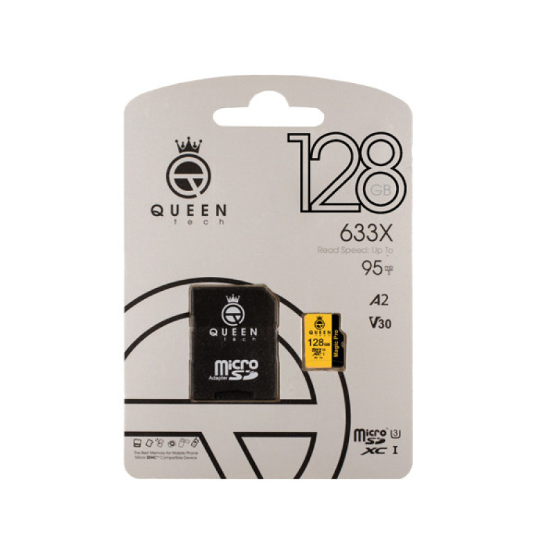کارت حافظه Micro SD XC کوئین تک مدل A2-V30-633X کلاس 10 استاندارد UHS-l U3 سرعت 95MBps ظرفیت 128 گیگابایت به همراه آداپتور SD