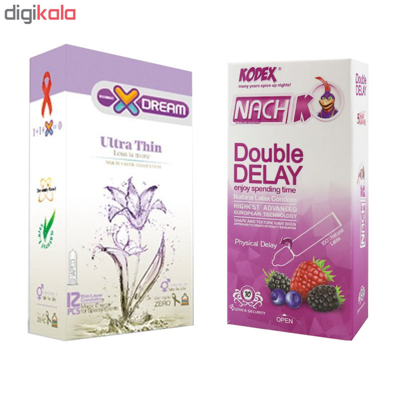 کاندوم ایکس دریم مدل بسیار نازک بسته 12 عددی به همراه کاندوم تاخیری کدکس مدل Double Delay بسته 10