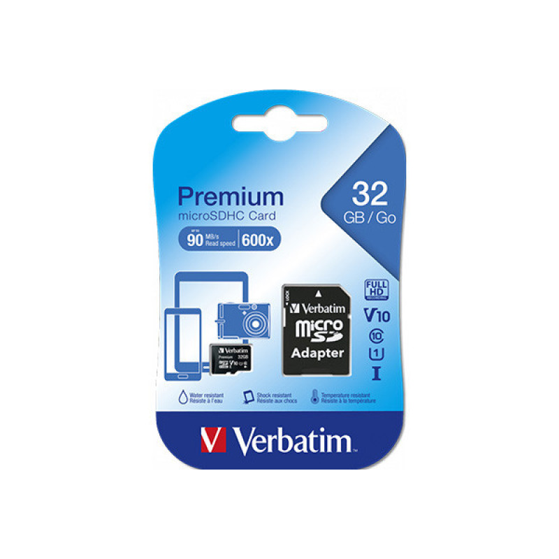 کارت حافظه Micro SDHC ورباتیم مدل Premium v10 کلاس 10 UHS-I سرعت 90MBS ظرفیت 32 گیگابایت به همراه آداپتور