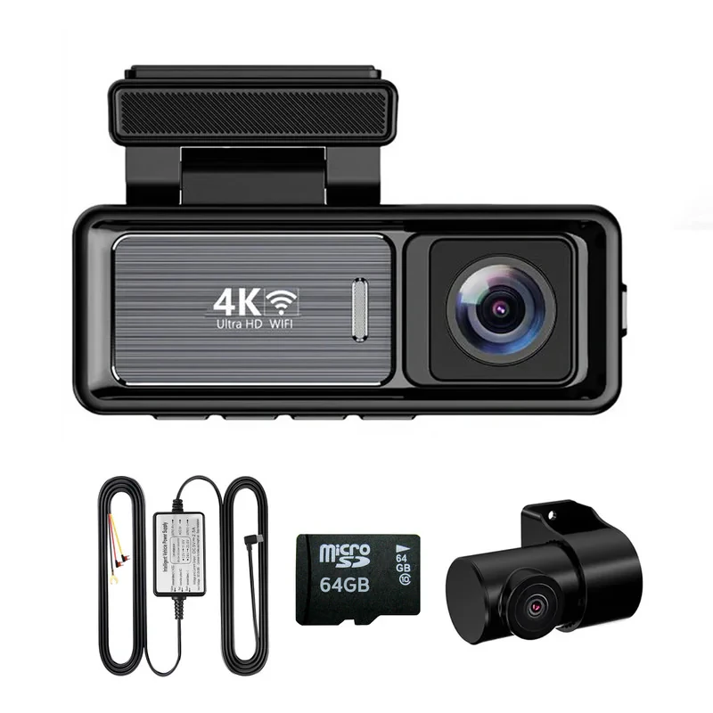 دوربین ثبت وقایع خودرو اتوویژن مدل M6 4K-WiFi به همراه دوربین عقب و رم 64 گیگ بایت و کیت برق مستقیم