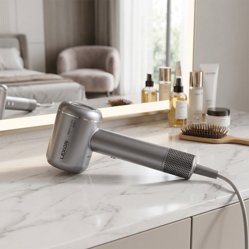 سشوار حرفه‌ای 1600 وات لکسیون مدل Rapid Air Pro HD:1698، موتور BLDC وزن 500 گرم، المنت فلز، دارای سری دیسپانسر، متمرکز‌کننده پهن با ویژگی صاف‌کنندگی، حجم‌دهندگی، با قابلیت عملکرد توربو  با سرعت 110 هزار در دقیقه