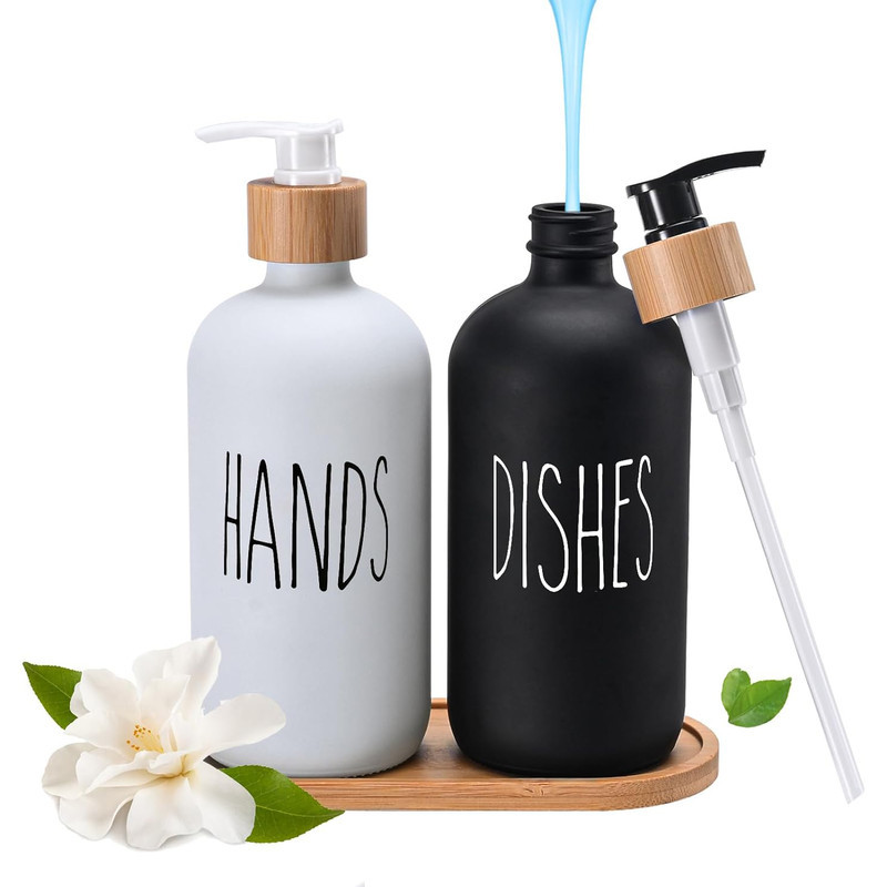 مخزن مایع دستشویی رومیزی مدل ِDISHES &amp; HANDS مجموعه 2 عددی به همراه استند