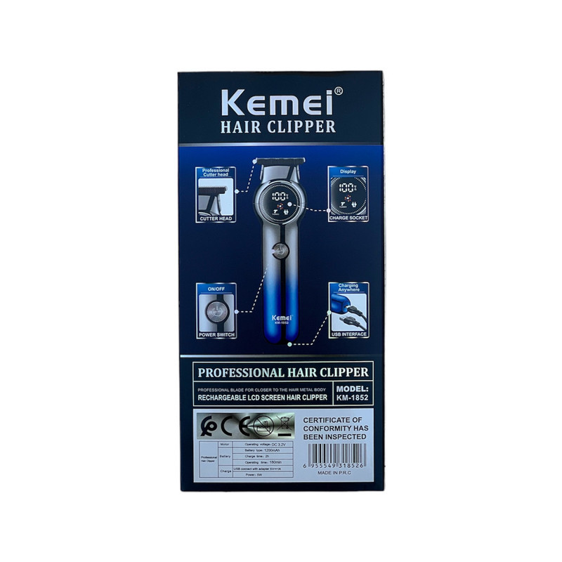 ماشین اصلاح موی صورت کیمی مدل KM-1852 با تیغه کربن استیل، قابلیت تنظیم سرعت، منبع تغذیه کابل USB، شارژ سریع 120 دقیقه و زمان استفاده 180 دقیقه، خط زن و حجم زن با سه شانه و نمایشگر LED میزان شارژ باتری