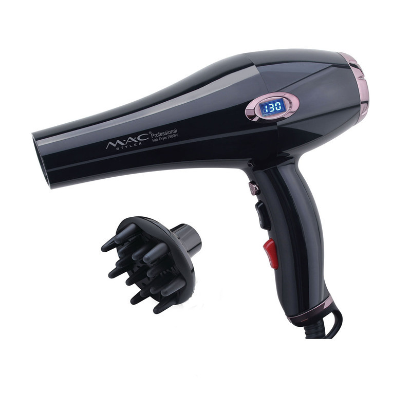 سشوار حرفه‌ای 2500 وات مک استایلر مدل MC-6685A، موتور AC، وزن 800 گرم، المنت سرامیک، دارای سری دیسپانسر، متمرکز‌کننده باریک، متمرکز‌کننده پهن با ویژگی صاف‌کنندگی، حجم‌دهندگی، با قابلیت باد سرد، فناوری تولید یون