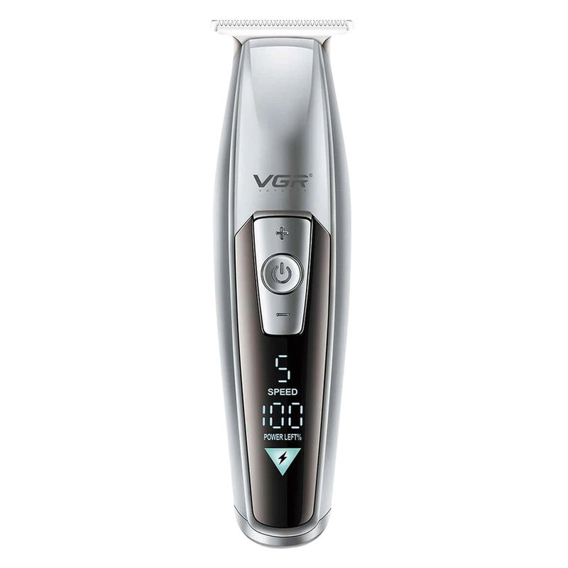 ماشین اصلاح موی سر و صورت وی جی ار مدل V-970 با تیغه استیل ضد زنگ، باتری قابل شارژ با 240 دقیقه استفاده، 5 سرعت قابل تنظیم، طراحی ارگونومیک و 3 شانه تنظیم طول 2، 3 و 4 میلی‌متر
