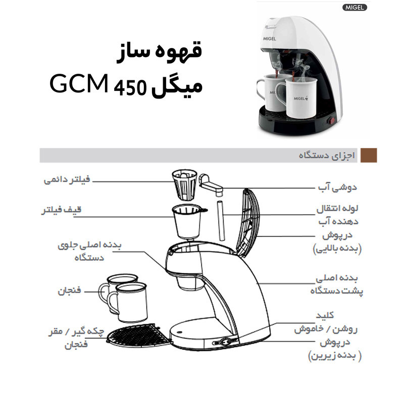 قهوه‌ساز میگل مدل GCM-450، ظرفیت دم‌آوری دو فنجان با فیلتر دائمی