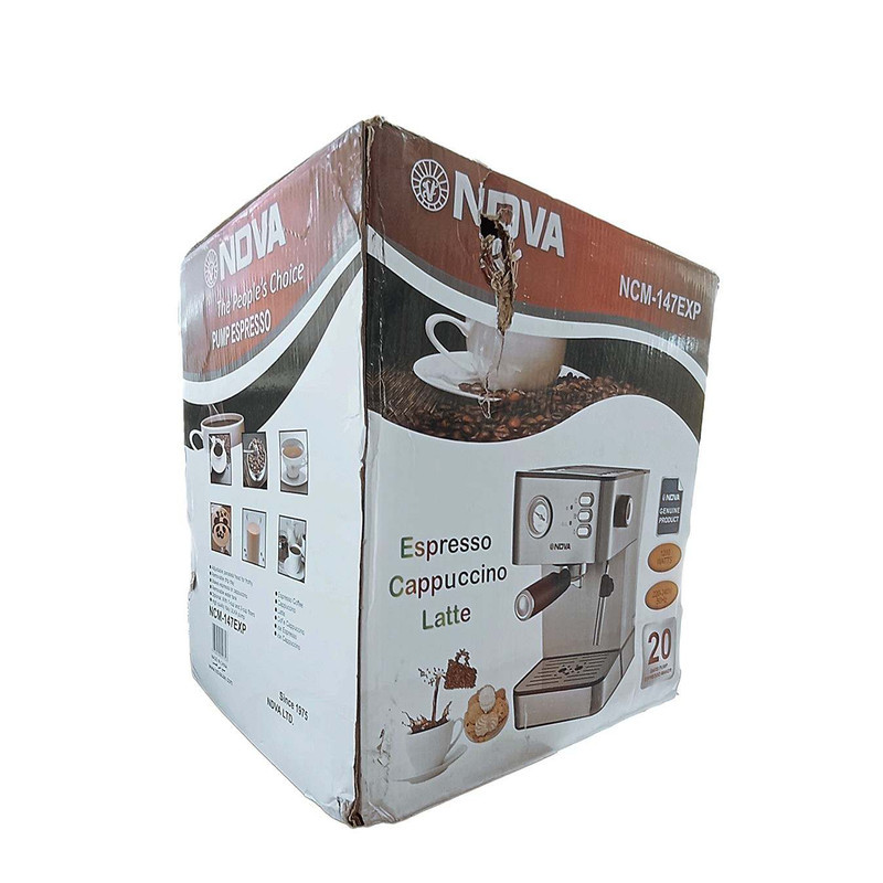 اسپرسوساز نیمه صنعتی 1700 میلی‌لیتری نوا مدل NCM-147EXPS، با مصرف پودر قهوه، مناسب تهیه اسپرسو، کافه لاته و کاپوچینو، دارای سینی چکه گیر، سیستم گرم کردن فنجان، حالت آماده به کار