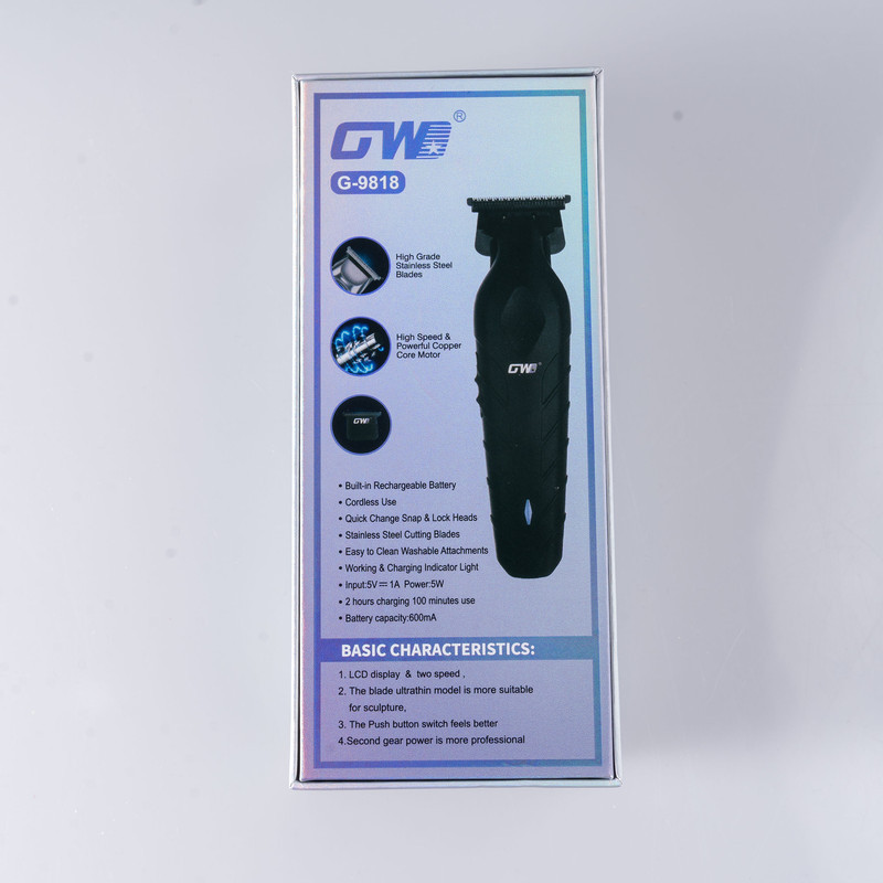 ماشین اصلاح موی سر و صورت جی دبلیو مدل G-9818، اصلاح به صورت صفر زن، خط زن، باقابلیت تنظیم سرعت و طراحی ارگونومیک، تکنولوژی اصلاح به صورت تریم، مدت زمان شارژ 120 دقیقه و مدت زمان استفاده پس از شارژ 100 دقیقه، دارای چراغ نشانگر عملکرد و شارژ و دو حالت سرعت
