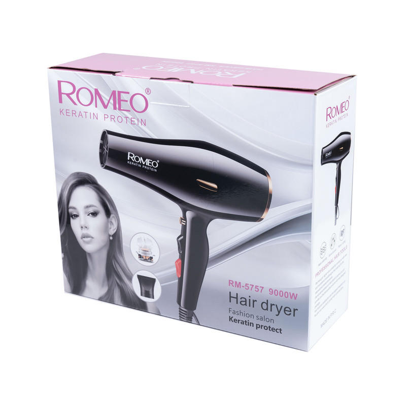 سشوار حرفه‌ای 2400 وات رومئو مدل RM-5757، موتور AC، وزن 500 گرم، المنت فلز، دارای سری متمرکز‌کننده باریک با ویژگی صاف‌کنندگی، حجم‌دهندگی، با قابلیت تنظیم دما