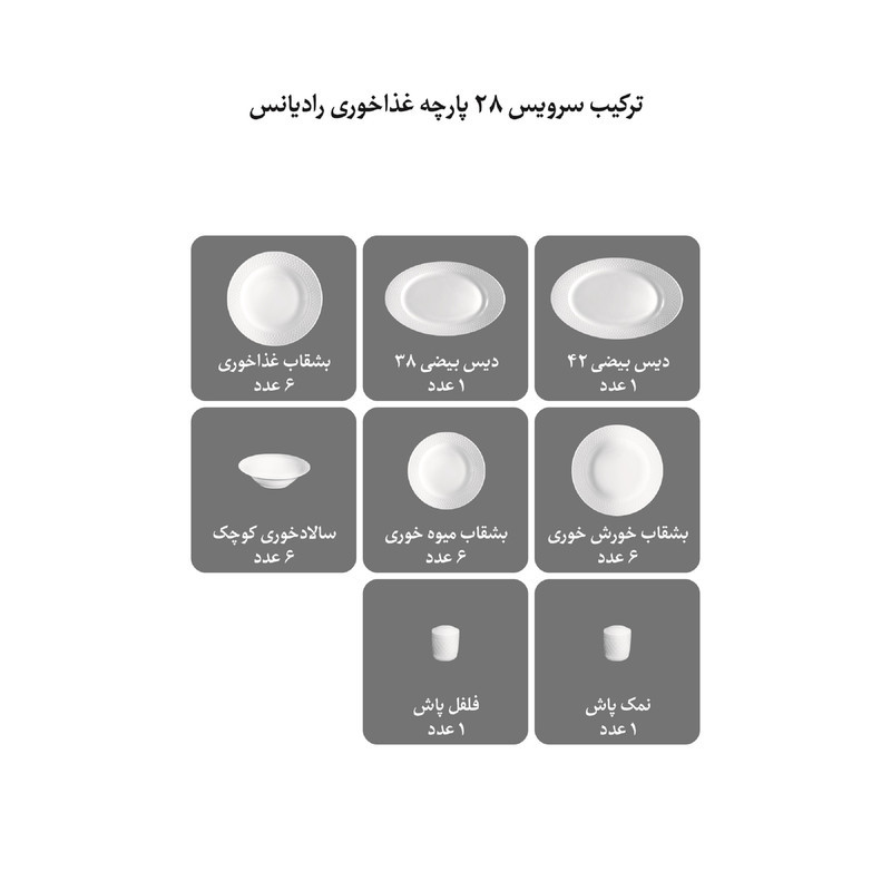 سرویس غذاخوری 28 پارچه چینی زرین ایران مدل رادیانس سپینود درجه یک