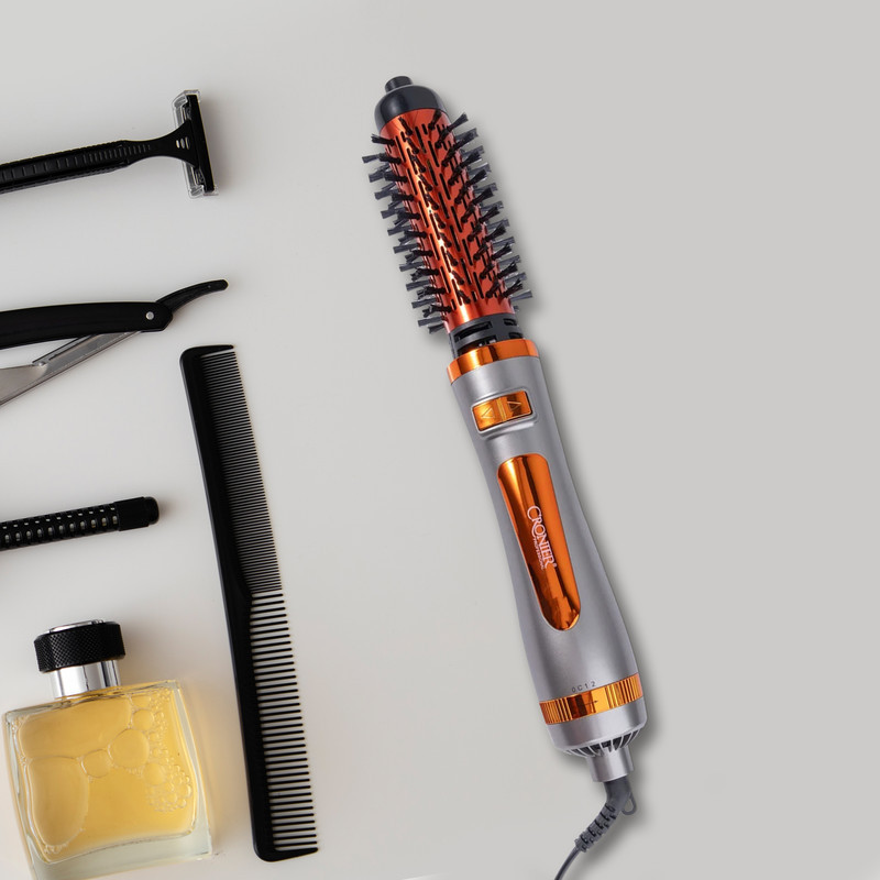 سشوار برس‌دار چرخشی 1200 وات کرونیر مدل CR-6855، موتور AC، وزن 350 گرم، المنت فلز، دارای سری برس‌دار گرد باریک، سری برس‌دار گرد پهن با ویژگی صاف‌کنندگی، حجم‌دهندگی، با قابلیت باد سرد، سیم گردان