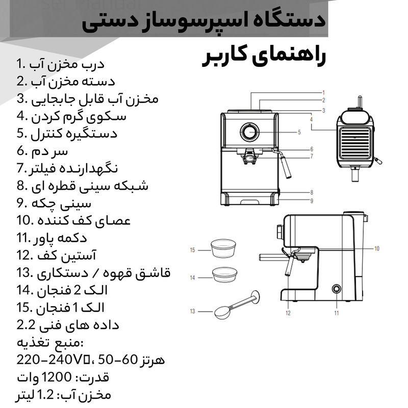 قهوه‌ساز نوا مدل NCM-149EXPF، ظرفیت دم‌آوری دو فنجان با فیلتر قابل تعویض، دارای کف ساز شیر و تنظیم میزان بخاردهی