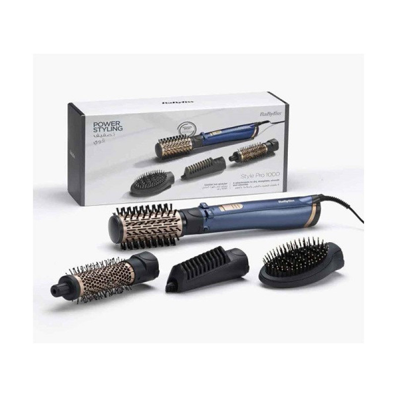 سشوار برس‌دار چرخشی 1000 وات بابیلیس مدل Style pro 1000، موتور DC، وزن 280 گرم، المنت سرامیک، دارای سری متمرکز‌کننده باریک با ویژگی صاف‌کنندگی، فرکنندگی، با قابلیت باد سرد، فناوری تولید یون