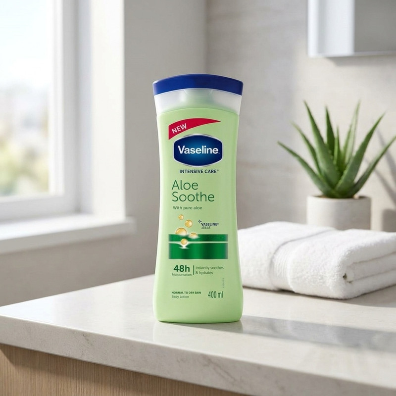 لوسیون نرم‌کننده بدن وازلین مدل Aloe Soothe حجم 400 میلی‌لیتر حاوی آلوئه ورا و ویتامین E با ماندگاری رطوبت تا 48 ساعت و مناسب پس از استحمام