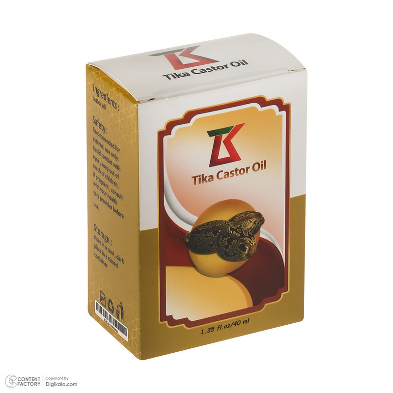 روغن کرچک خالص تیکا 40 میلی‌لیتر با گرانروی بالا، استخراج با دمای پایین، بسته‌بندی شیشه‌ای قطره‌چکانی، مرطوب‌کننده و ضد حساسیت، مناسب مراقبت از پوست و مو، افزایش سلامت و ترمیم پوست