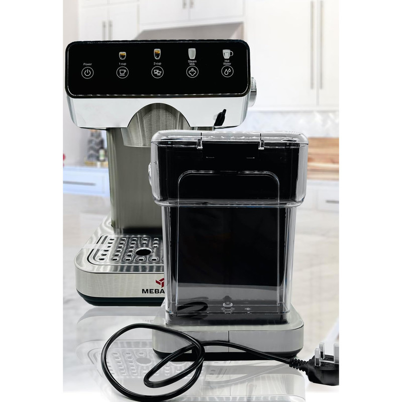 اسپرسو ساز خانگی 1.2 لیتری مباشی مدل ME-ECM2113، نیمه اتوماتیک با مصرف پودر قهوه، مناسب تهیه اسپرسو و کاپوچینو، دارای یک عدد نازل قهوه، تنظیم میزان بخاردهی