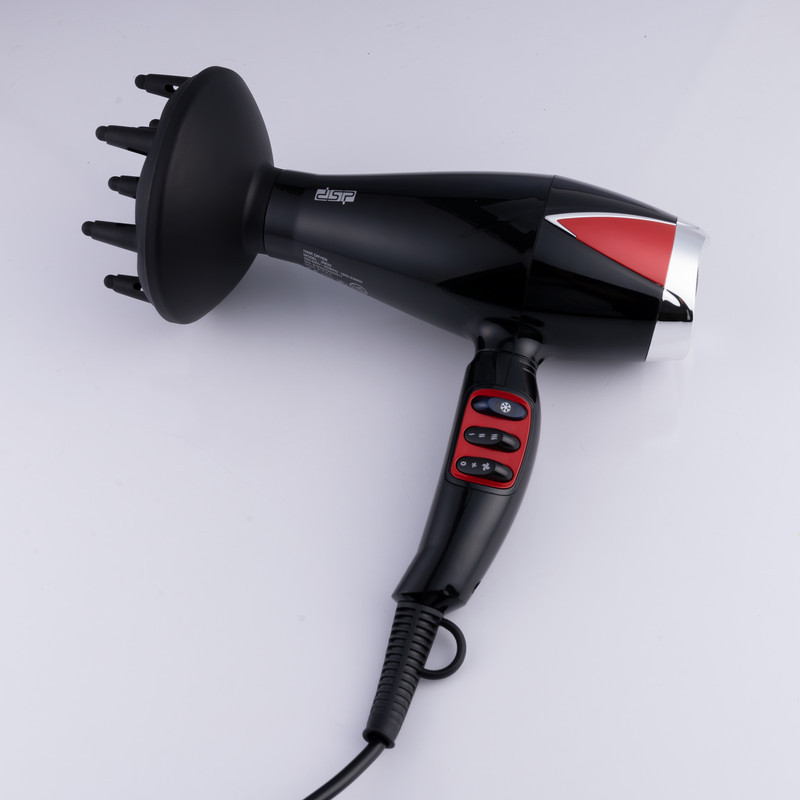 سشوار حرفه‌ای 2300 وات دی اس پی مدل 30022، موتور AC، وزن 300 گرم، دارای سری دیسپانسر، متمرکز‌کننده باریک با ویژگی صاف‌کنندگی، حجم‌دهندگی، با قابلیت باد سرد