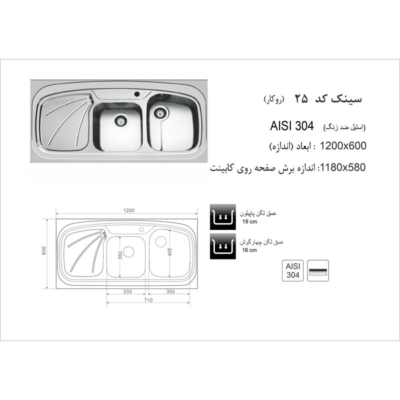 سینک ظرفشویی اخوان مدل 25 روکار
