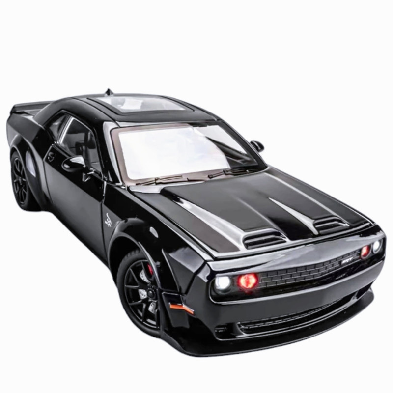 ماکت ماشین فلزی دوج چلنجر مدل 1:24 سواری با درب‌های بازشو، چراغ‌دار، افکت موسیقی چندحالته، فنربندی، بوق فرمان و لاستیک مخصوص