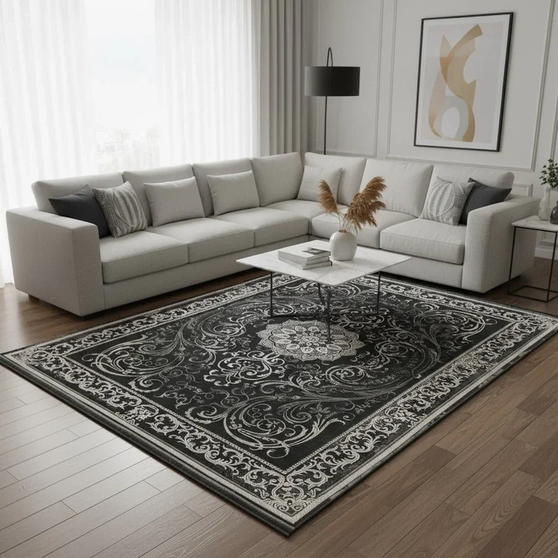 فرش ماشینی 1200 شانه زمینه دودی لایت حاشیه دودی مدل مینیمال وینتیج